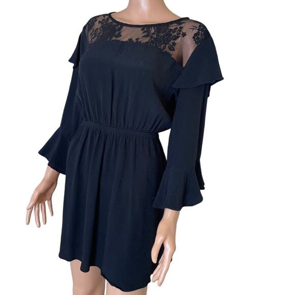 Express dress black bell sleeve elastic waist lace upper SZ SM - Picture 6 of 10